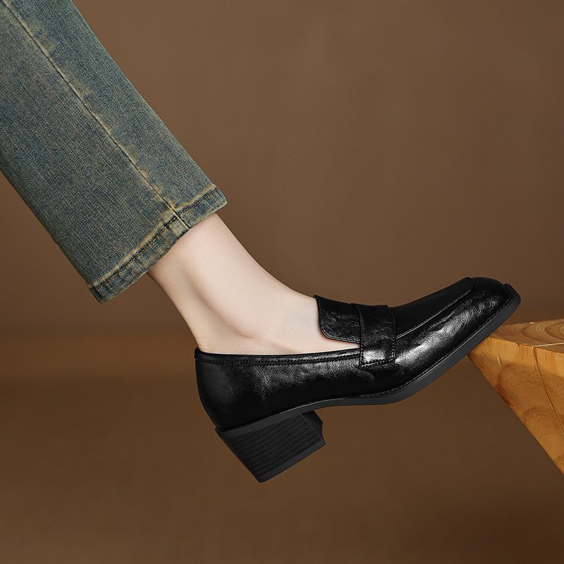 Womens Retro Square-Toe Chunky-Heel Deep-Mouth Loafers foto 2
