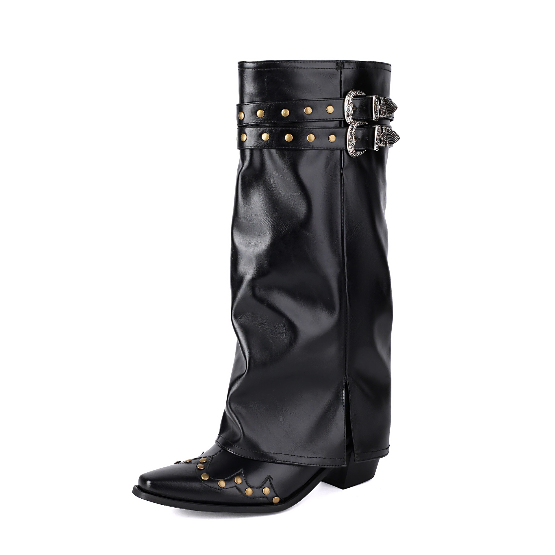 Rivet Chunky Heel Belt Buckle Tall Boots Women foto 2