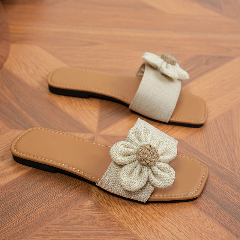 Women's Fashion Beige Flower Flat Slippers foto 2
