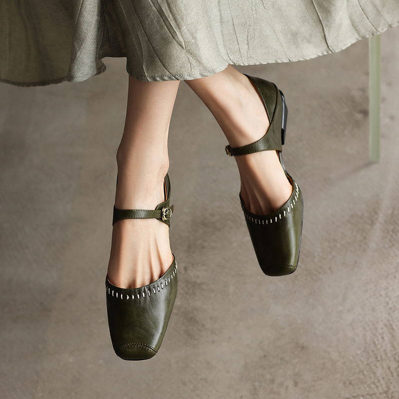 Women's Handcrafted Full-Grain Leather Mary Jane Flats, Square Toe Low Heel Shoes With Contrast Stitching foto 5