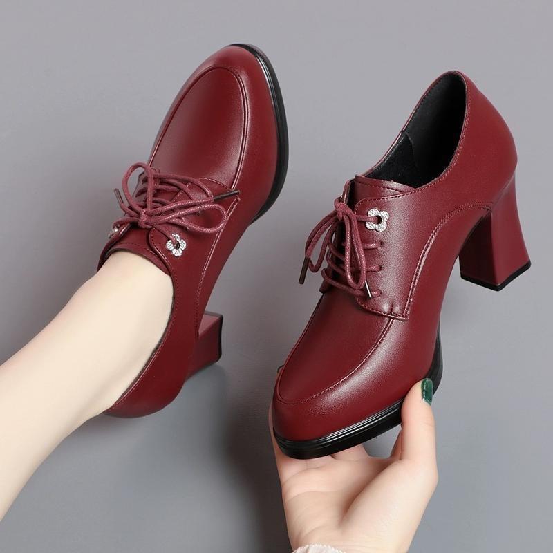 Fashionable And Versatile Womens Soft-leather Chunky-heel Shoes Durable For Spring And Autumn In A New Chinese Style foto 3