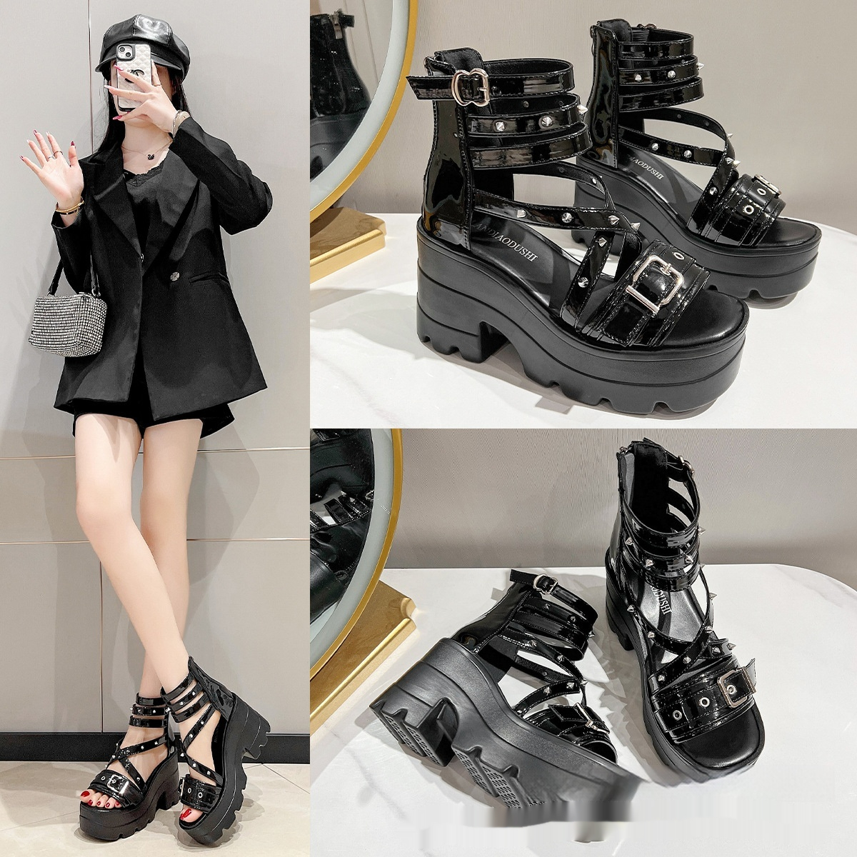 Charmful Dark Rock Chain Punk Style Platform Sandals For Girls