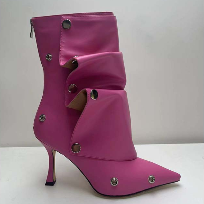Women's High-heeled Pointed-toe Denim Patchwork Ankle Boots With Metal Studs foto 4
