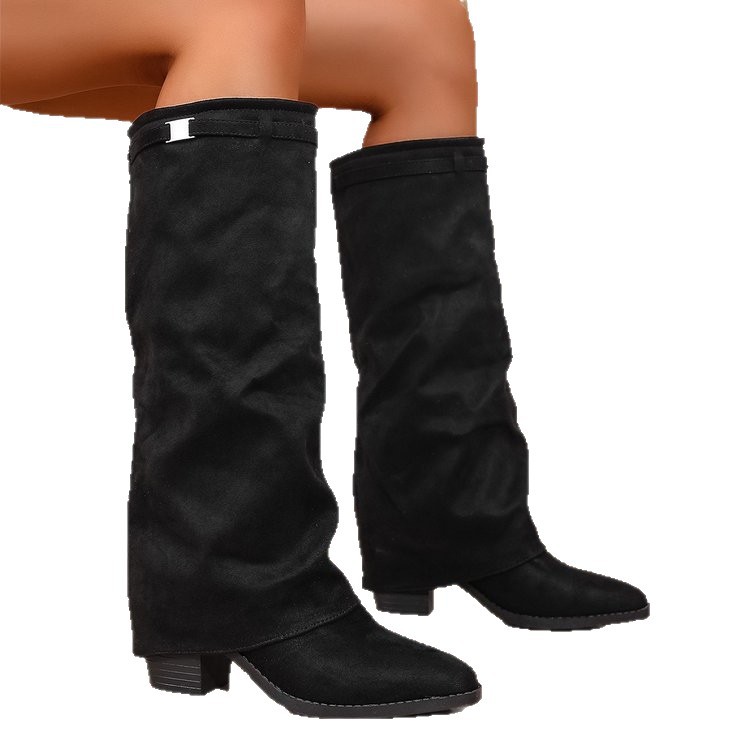 Pointed Toe High Tube Pants Boots Pleated Chunky Heel Sleeve foto 2
