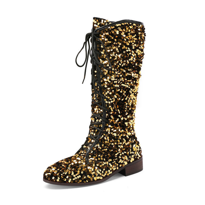 Glittery Round-toe Mid-heel Over-the-knee Boots With Front Lacing foto 5