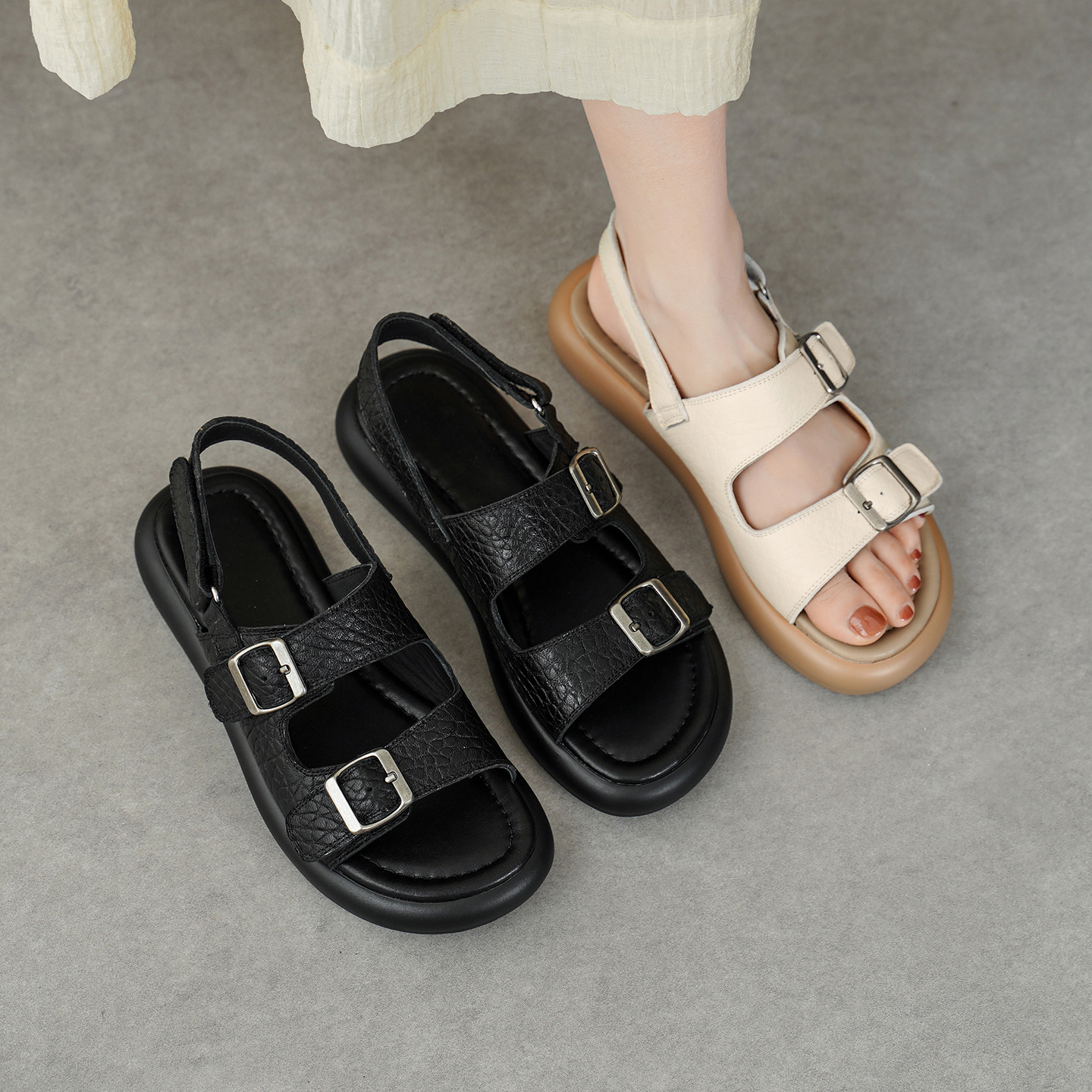 Women's Handmade Full-Grain Sheepskin Double Buckle Platform Sandals, Adjustable Ankle Strap Shoes foto 4