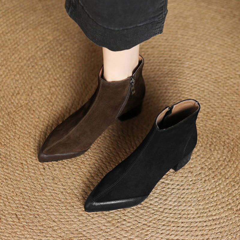 Microsoft Sheepskin New Women's Martin Boots Large Size Pointed Suede Leather Chunky Heel foto 2