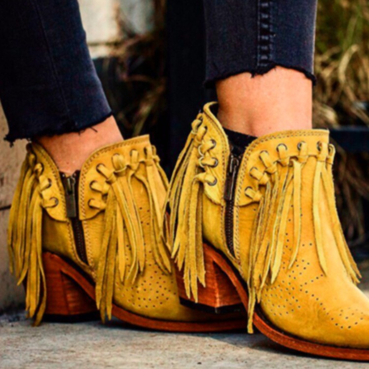 Fashionable Tasseled Pointed-Toe Chunky-Heel Plus-Size Womens Ankle Boots foto 3