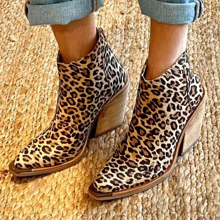 Leopard Pointed Ankle High-top Back Zipper Pull-up Boots For Women foto 3