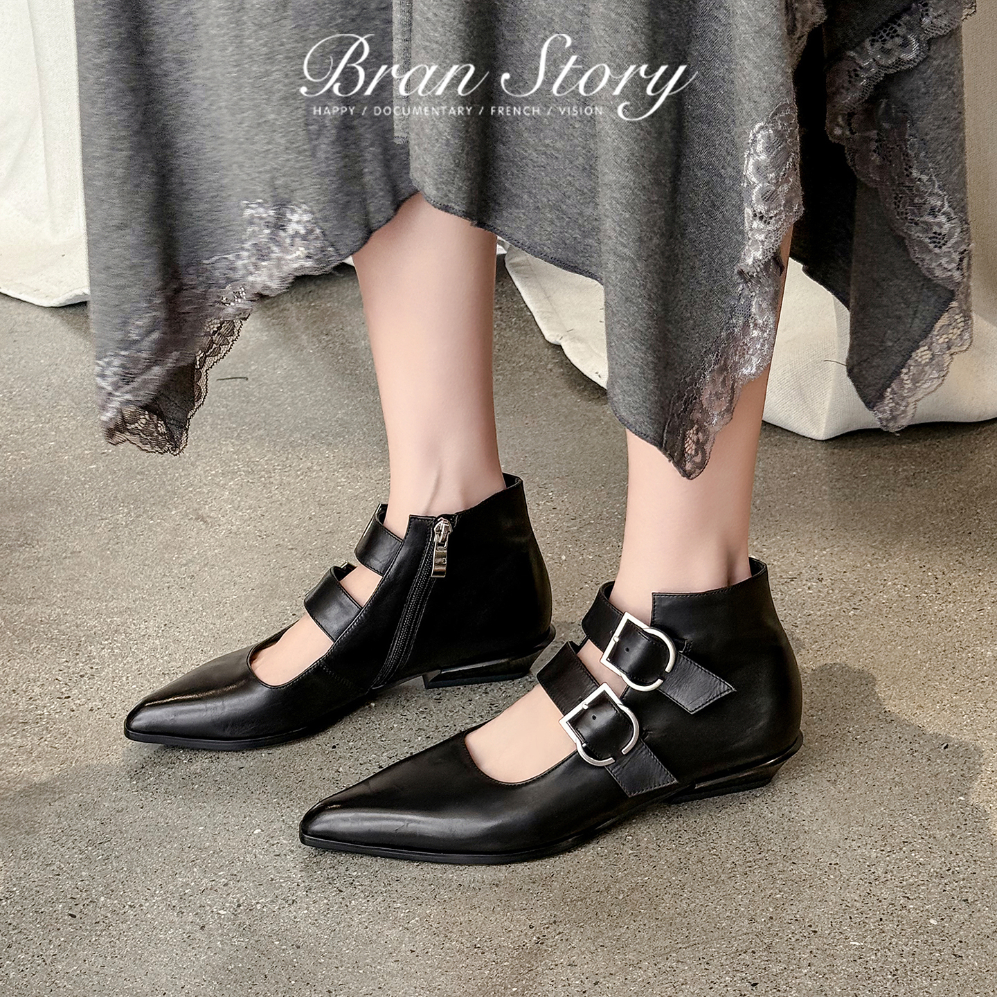 Women's Handmade Full-Grain Leather Mary Jane Ankle Boots, Pointed Toe Double Buckle Low Heel Booties foto 5