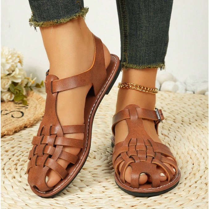 Vintage Weave Closed Toe Sandals Women's Seaside Vacation Soft Bottom Brown Roman foto 4