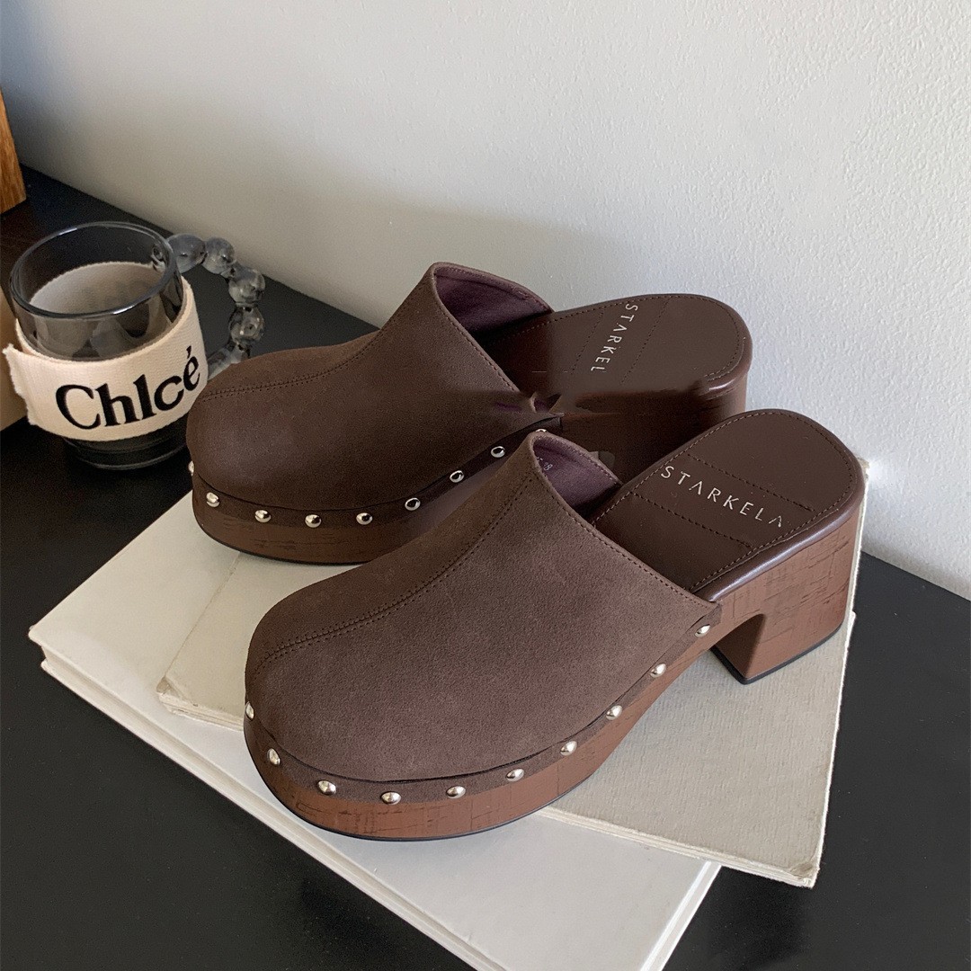 Deep Mouth Thick High Heel Matte Leather Rivet Fashion Closed Toe Half Slippers foto 2