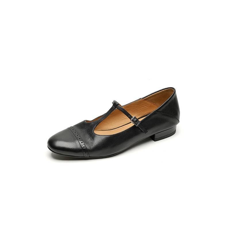 Women's T-shaped Buckle Old First Layer Cowhide Round Toe Flats