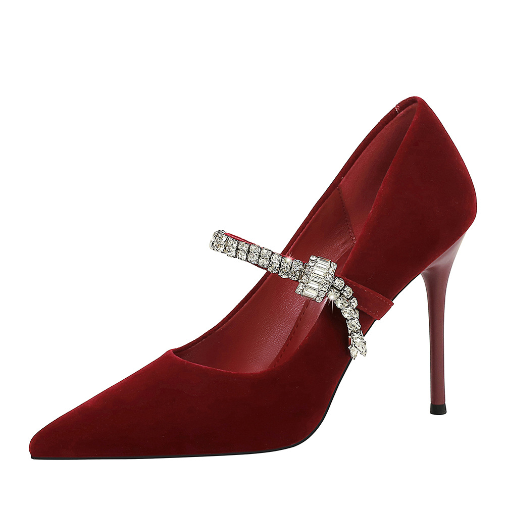 Pointed Toe Shallow Vamp Single Shoes With Rhinestone Strap Suede Commuting Shoes Banquet Shoes foto 5