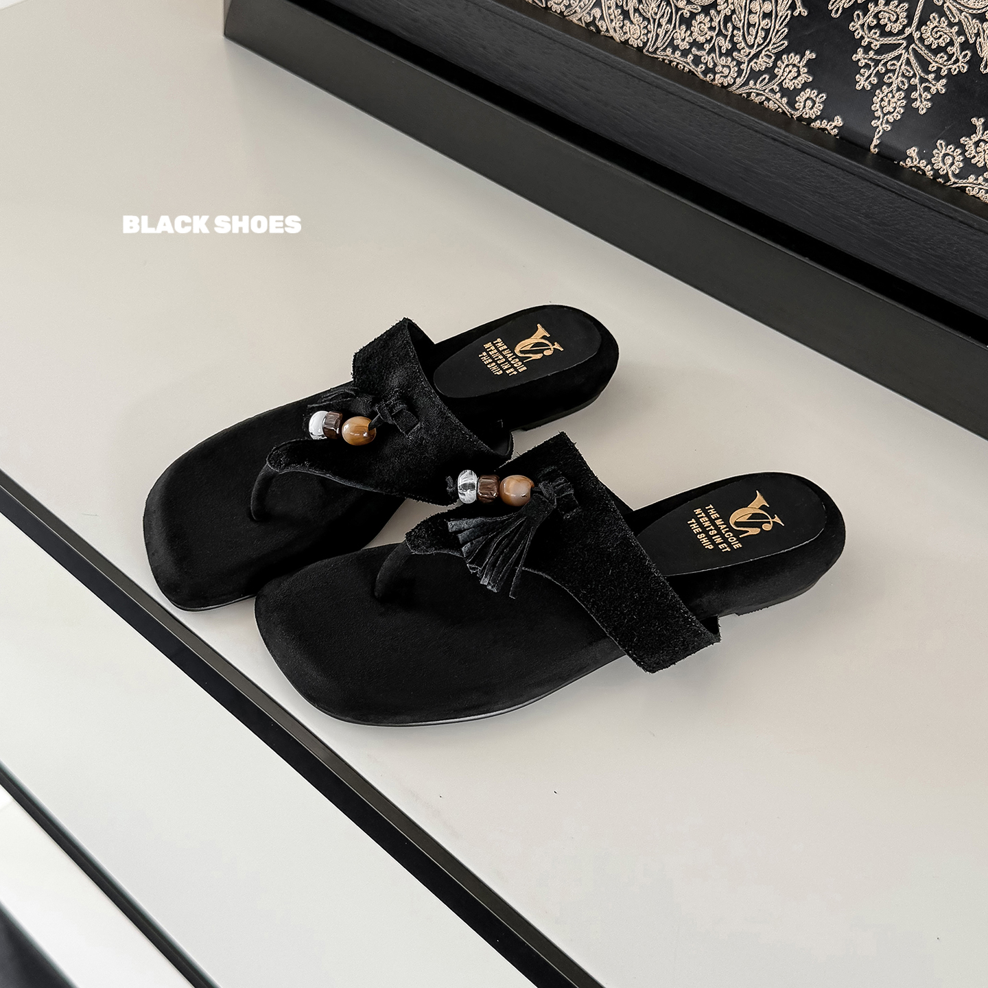 Women's Handmade Suede Beaded Tassel Thong Sandals, Open-Toe Bohemian Flat Slides With Sheepskin Lining foto 2