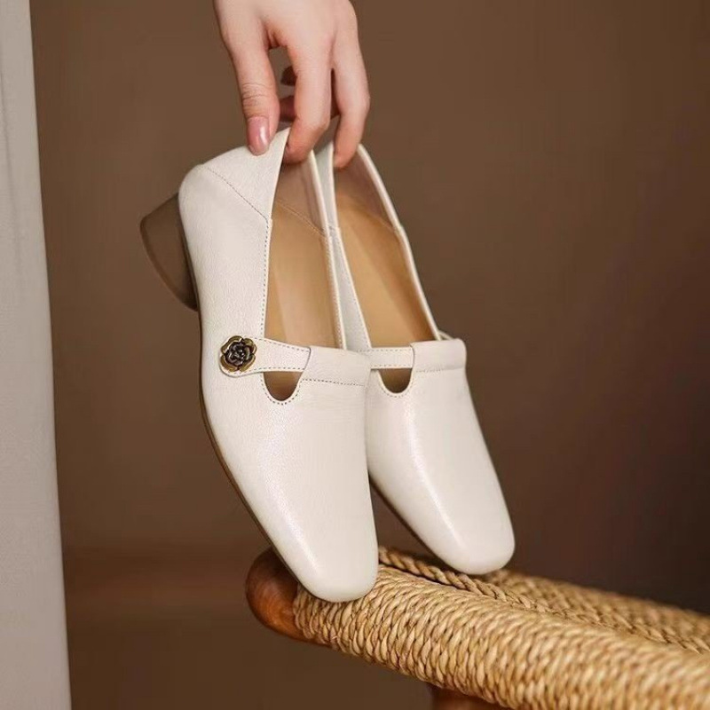 Retro Square Head Genuine Leather Shallow Mouth Shoes Women foto 4