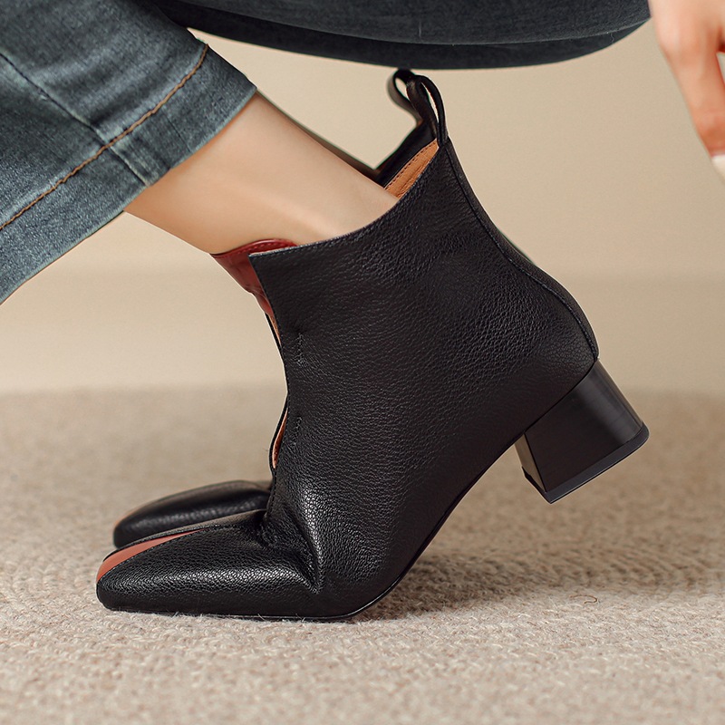 Womens Retro Square-Toe Sheepskin Chunky-Heel Ankle Boots foto 3