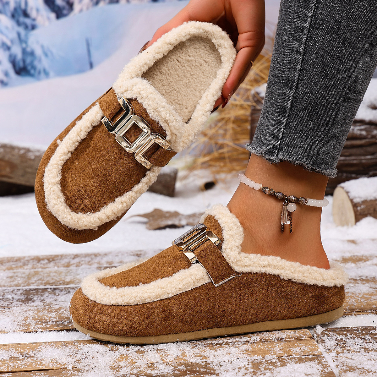 Women's Flat Lamb Wool Slippers Winter New Birkenstock Closed Toe Fluffy Shoes Lazy Cotton Slippers foto 5