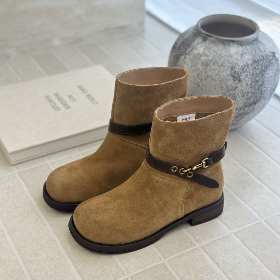 Womens Retro Chunky-Heel Biker Ankle Boots foto 3