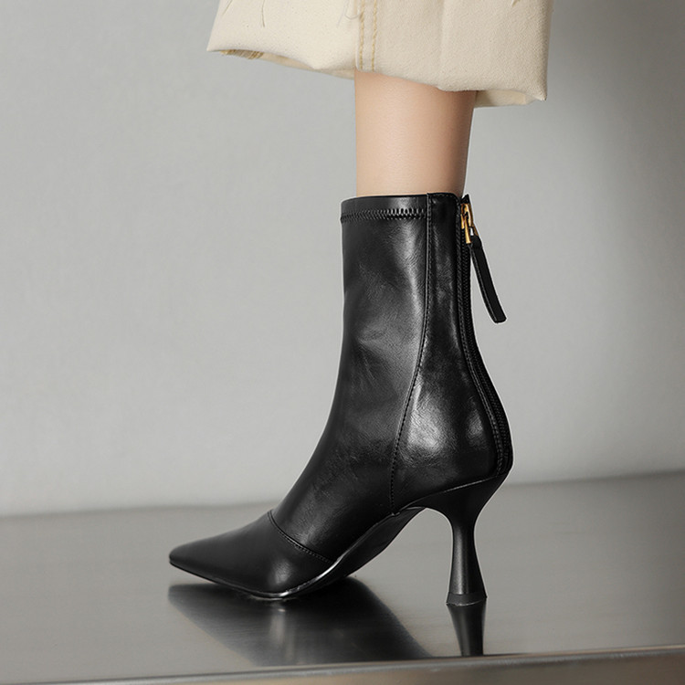 Stiletto-heeled Cowhide Pointed-toe Ankle Boots With A Back Zipper foto 3