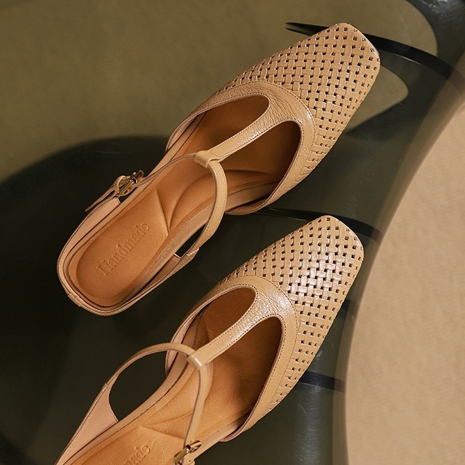 French-style Chunky-heeled T-strap Mary Jane Closed-toe Half-slipper foto 2