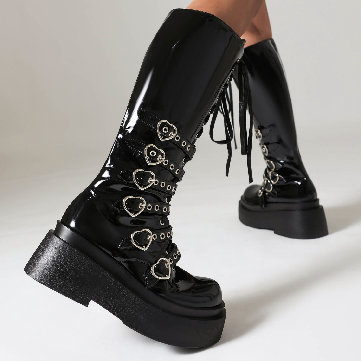 Womens Casual Chunky-Soled Punk-Style Over-the-Knee Boots With Cross-Tie Straps foto 2