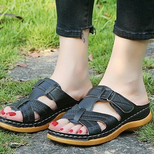 Women's Hollow Peep Toe Wedge Velcro Sandals foto 3