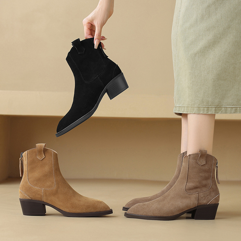 Pointed Toe Chunky Heel Back Zip Short Boots Women's foto 4
