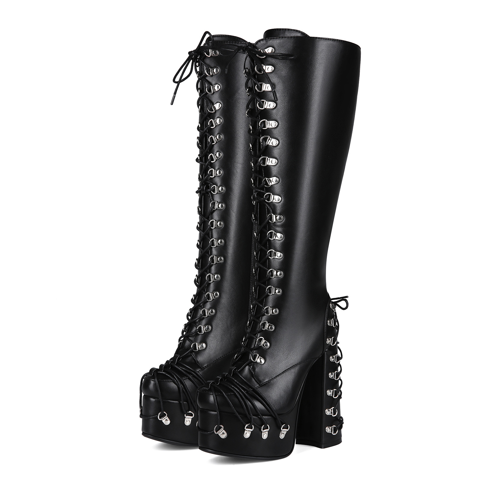 Strap-buckle Punk Goth Chunky High-heeled Plus-size Knee-high Boots