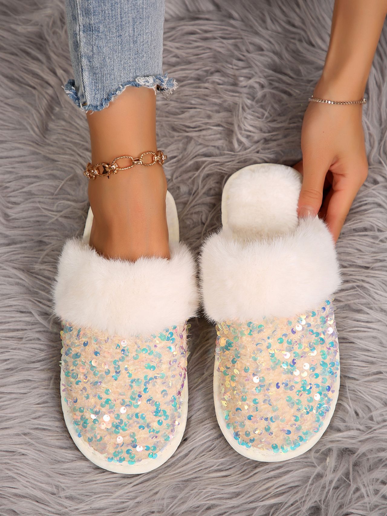 Sequin Flat Plush Slippers For Women foto 5