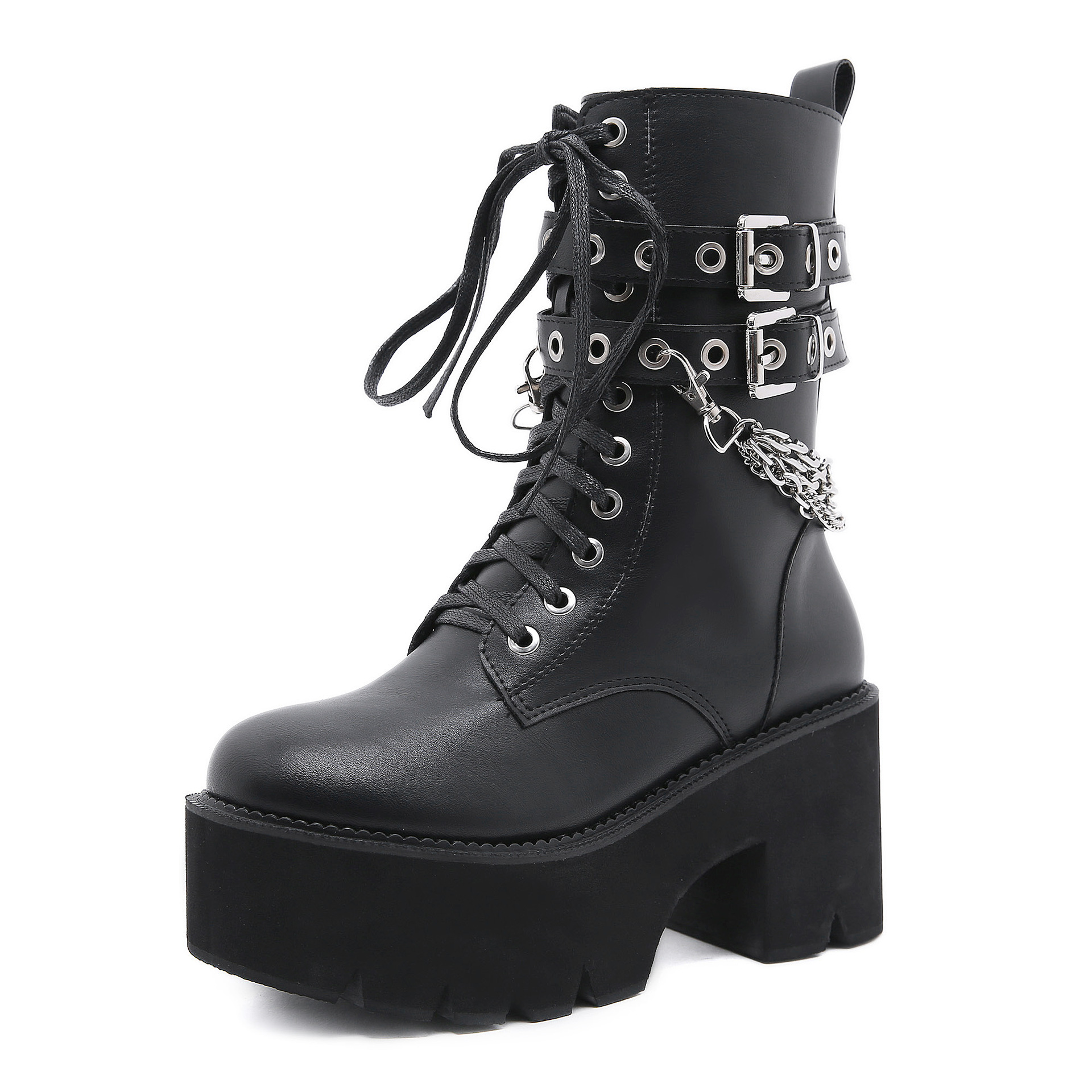 Chunky-heel Side-zip Platform Womens Boots With A Stylish Rivet Belt Buckle foto 2