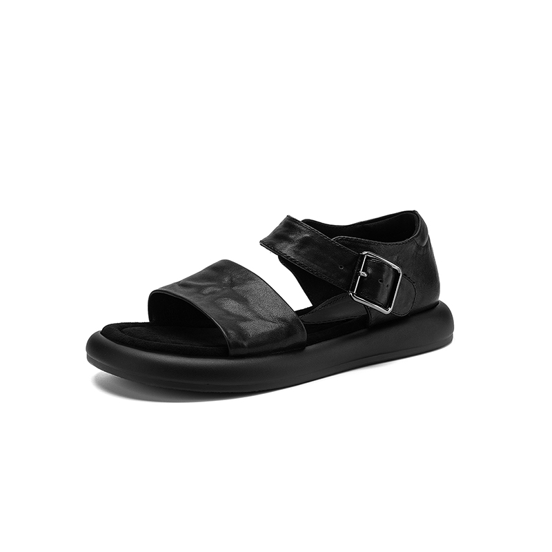Women's Washed Full Grain Leather Platform Sandals, Two Strap Buckle Flat Shoes foto 5