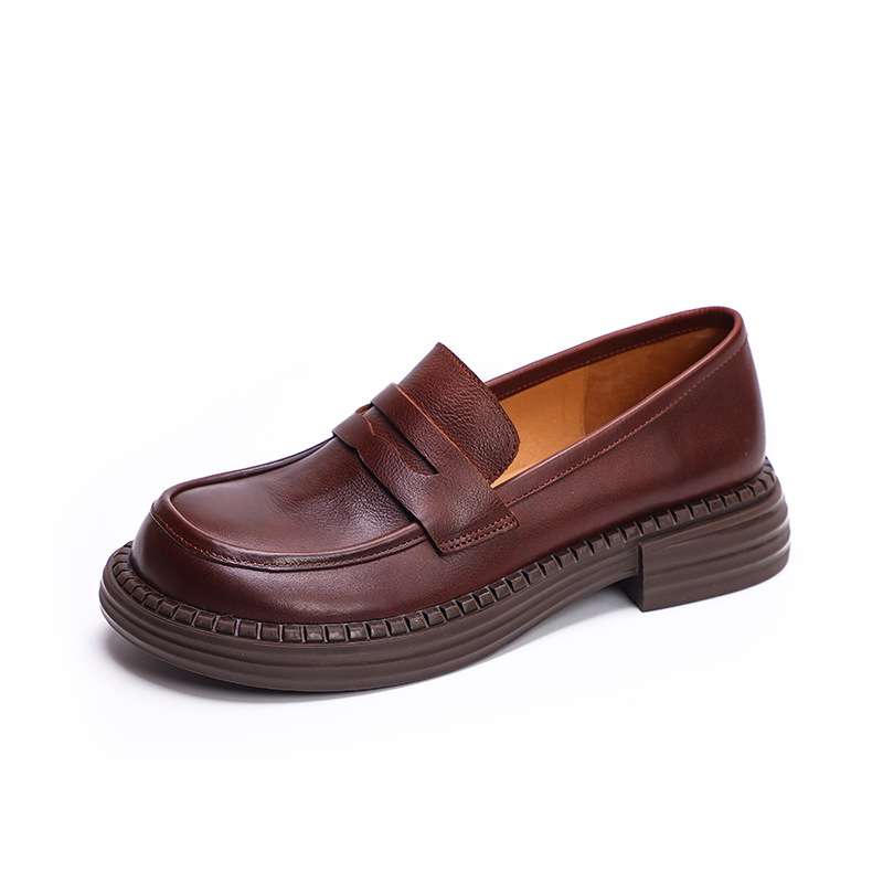 British-style Round-toe Chunky-heel Professional All-match Full-grain Leather Shoes foto 4