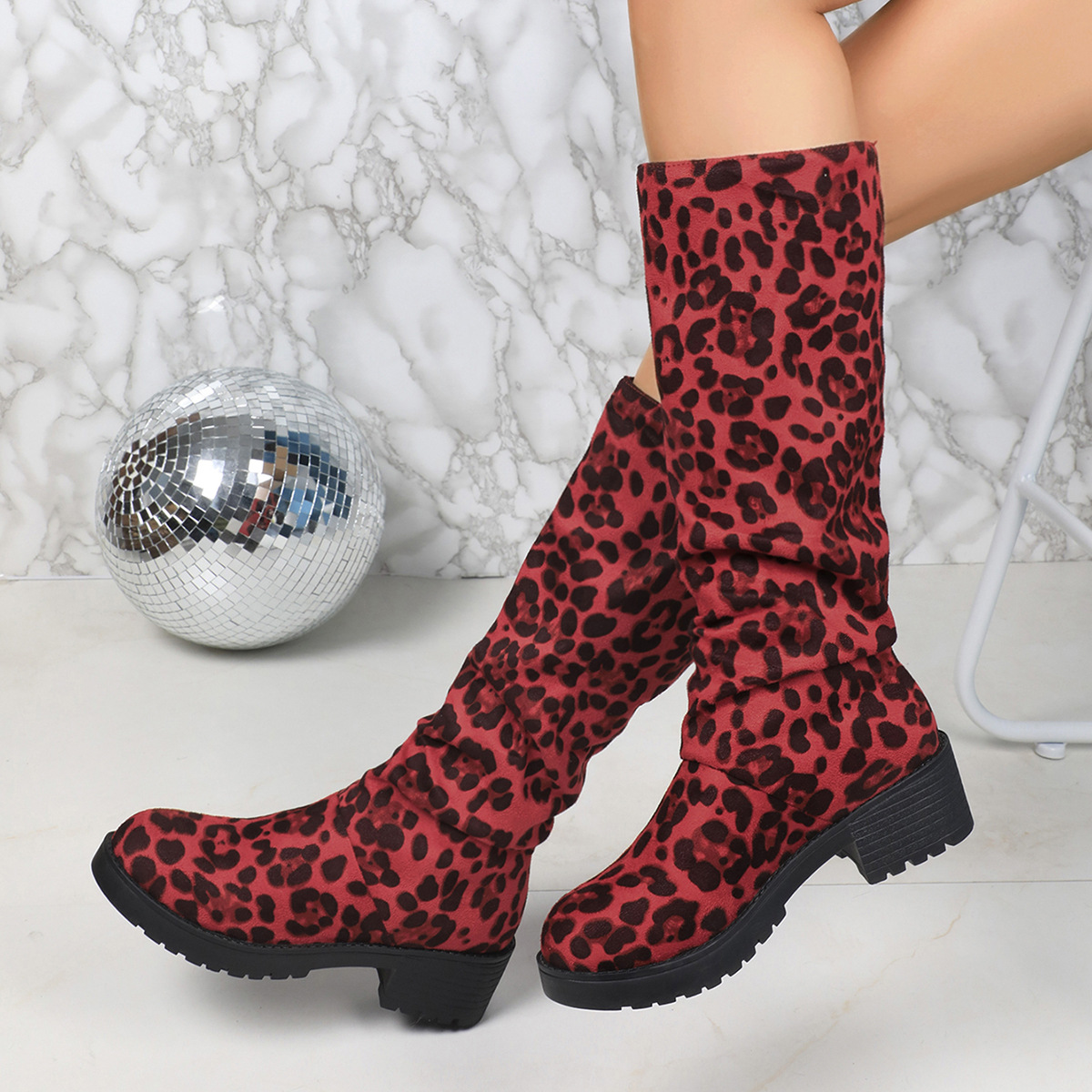 Leopard-print Suede Block-heeled Versatile Pleated Booties foto 3