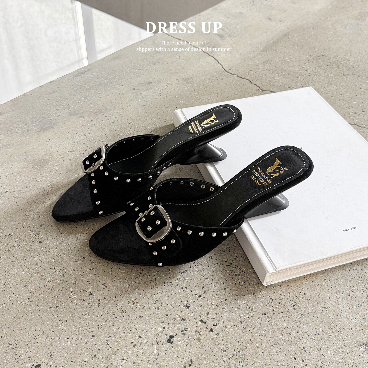 Women's Handmade Suede Rivet Wedge Mule Sandals, Open-Toe Mid-Heel Slides With Sheepskin Lining foto 4