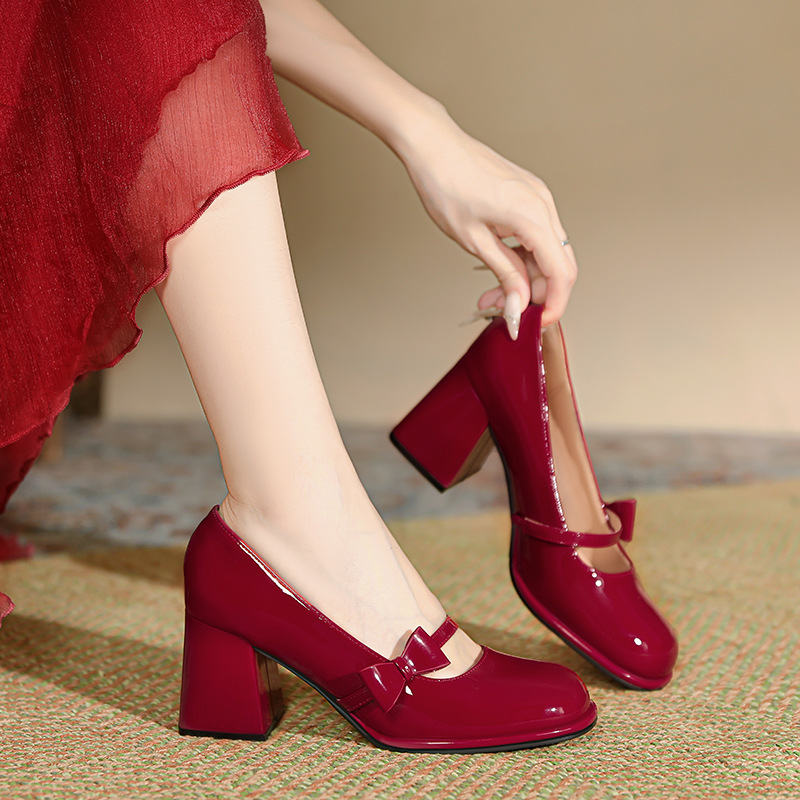 Chunky Heel Round Toe Wedding Temperament Red Mary Jane Shoes foto 3