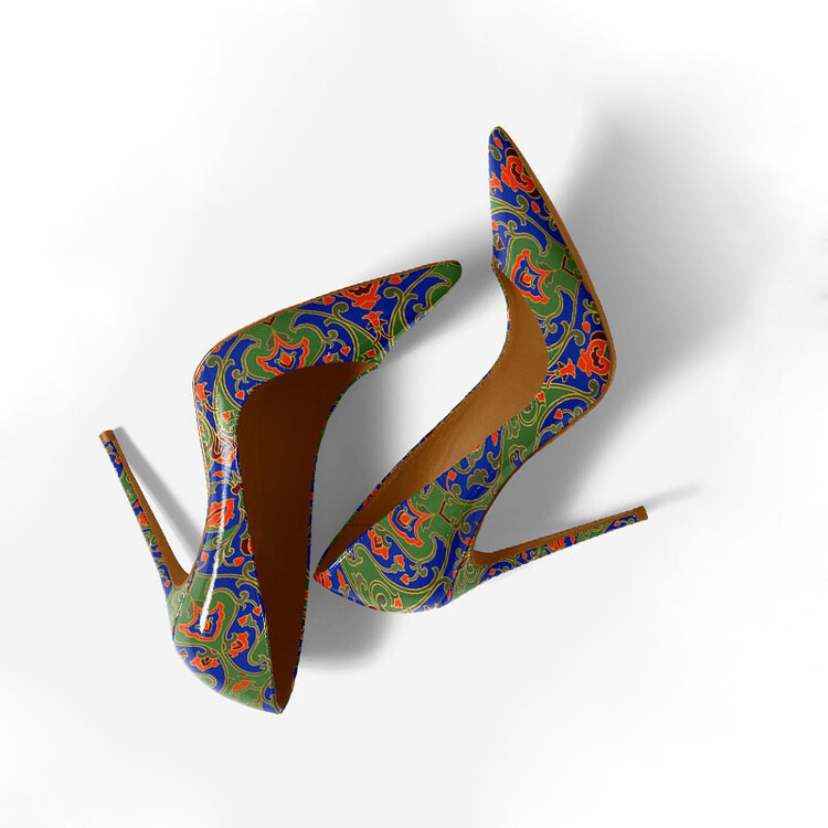 Womens Pointed-Toe Shallow-Mouth Vintage Pattern Stiletto Heels foto 3
