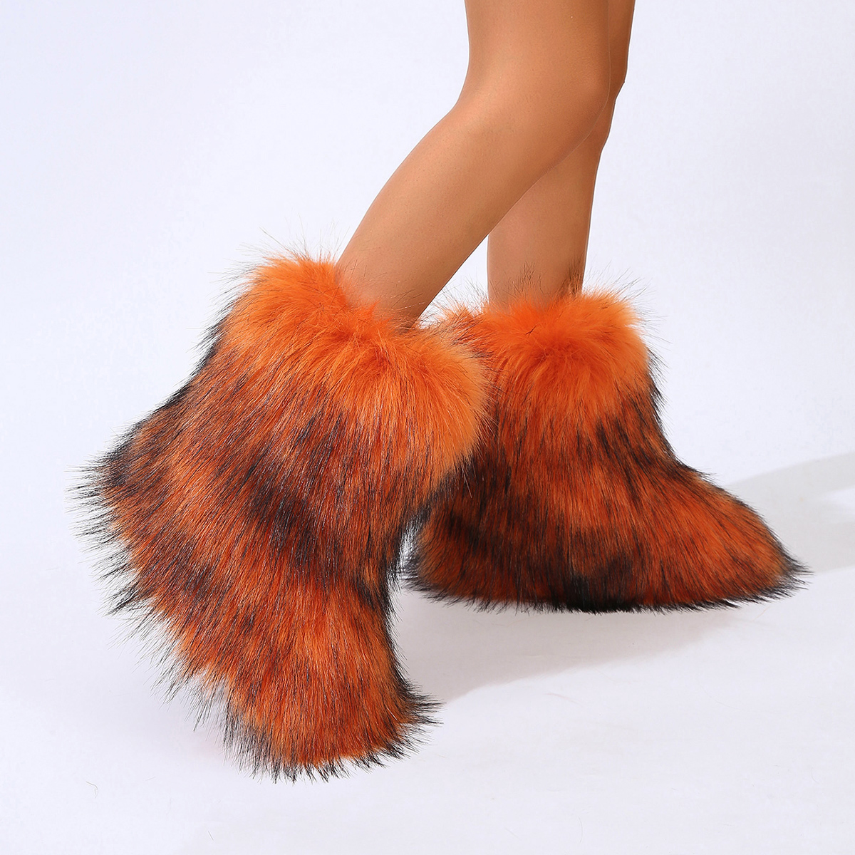Women's Faux Fur Boot Furry Fluffy Round Toe Suede Winter Comfy Plush Warm Short Outdoor Indoor Flat Shoes Mid-Calf Boots Fashion Boots