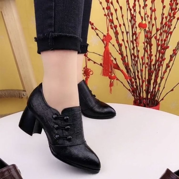 Spring And Autumn Single-layer Shoes Women's Shallow Mouth Pointed Toe Thick Heel Leather Shoes foto 4