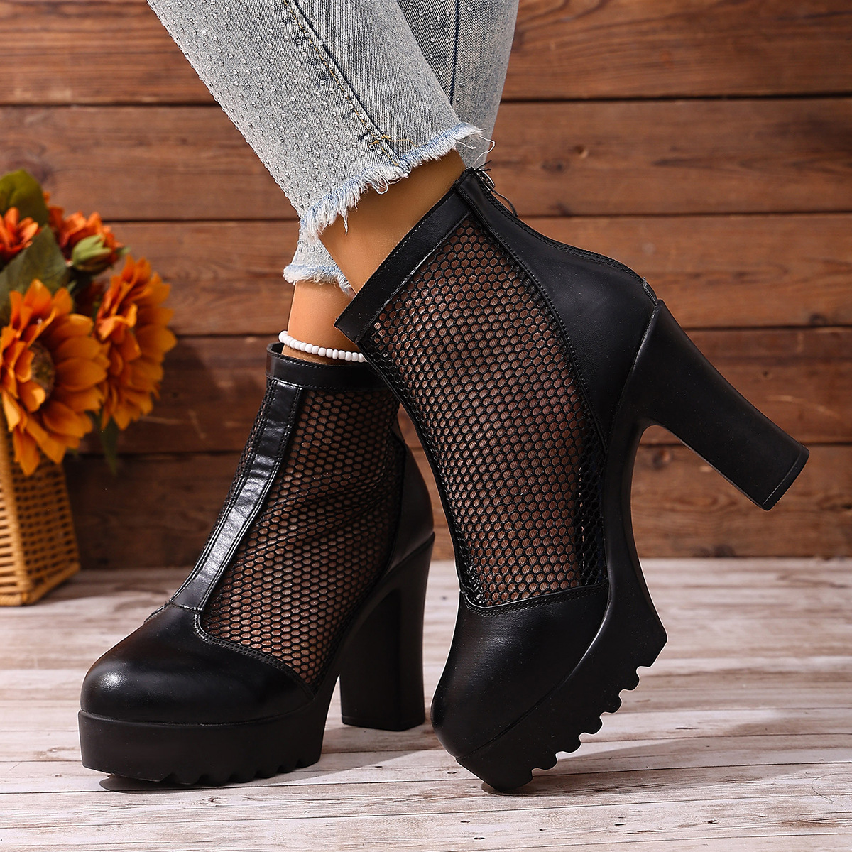 Womens Mesh Chunky Heel Fashion Ankle Boots With Back Zip foto 2