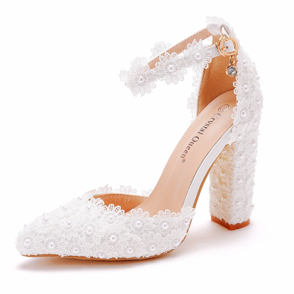 Chunky Heel Pointed Sandals White Wedding Shoes foto 5