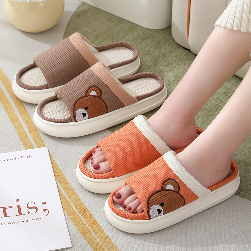Cute Cartoon Bear Linen Slippers For Women Indoor Non-slip Sweat-absorbent Breathable Slip On Floor Bedroom Slipper House Shoes foto 5