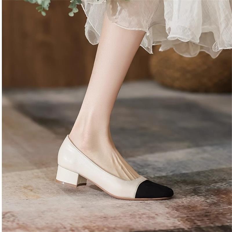 Womens French-style Soft Leather Patchwork Chanel-inspired Chunky-heel Square-toe Pumps foto 3