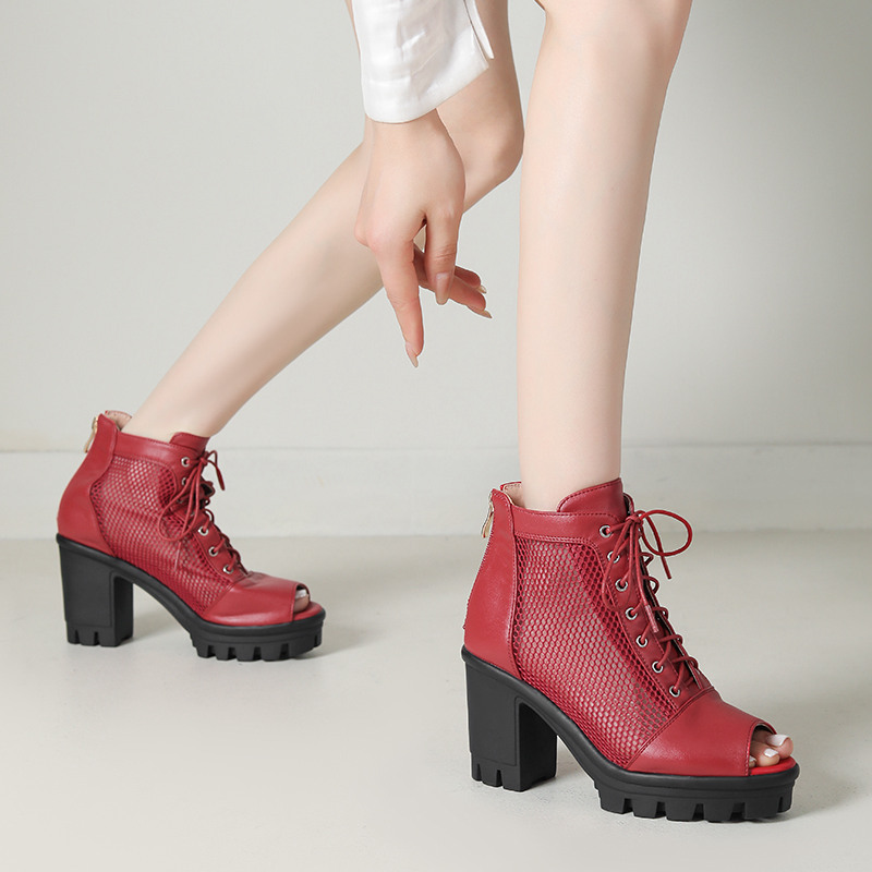 Womens Plus Size Mesh Peep Toe Chunky Heel Sandals With Thick Soles And High Heels foto 5