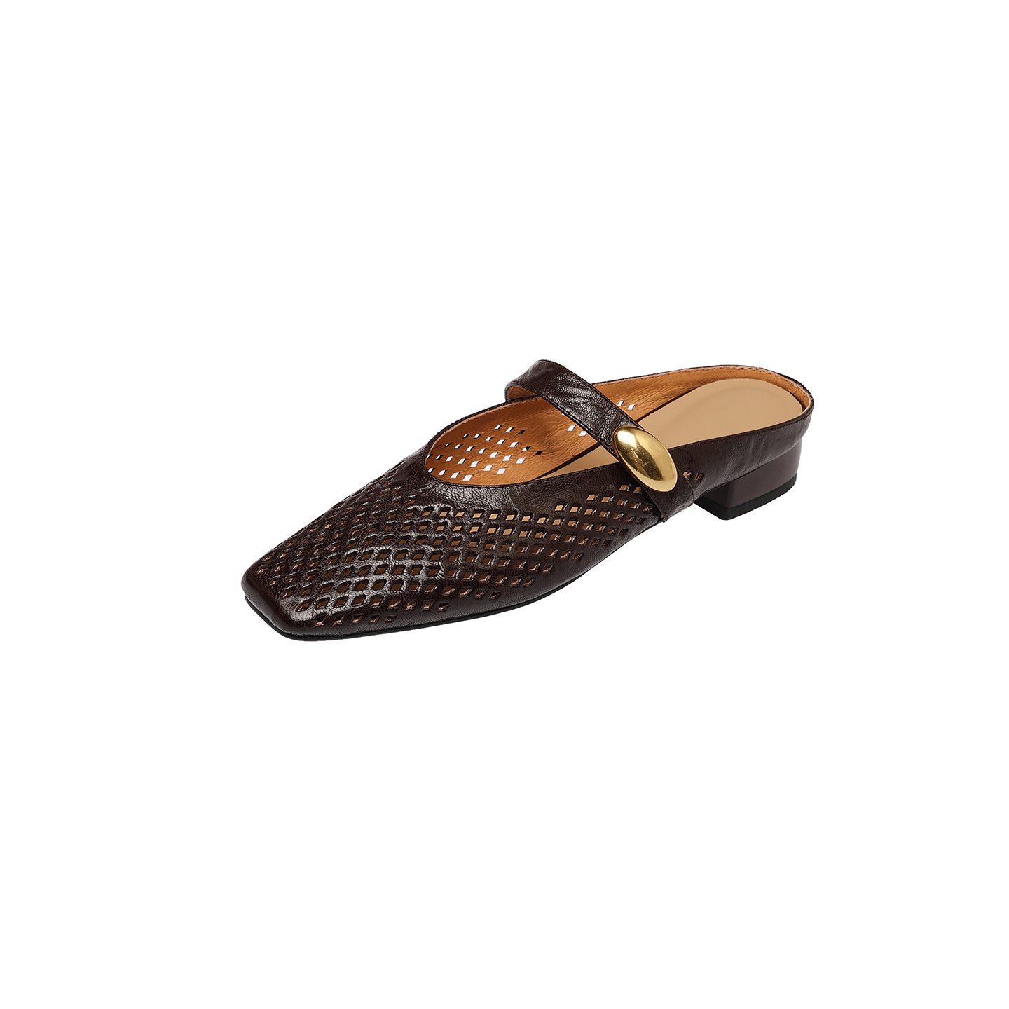 Women's Premium Full-Grain Sheepskin Perforated Mary Jane Mules, Low Block Heel Square Toe Slides foto 2