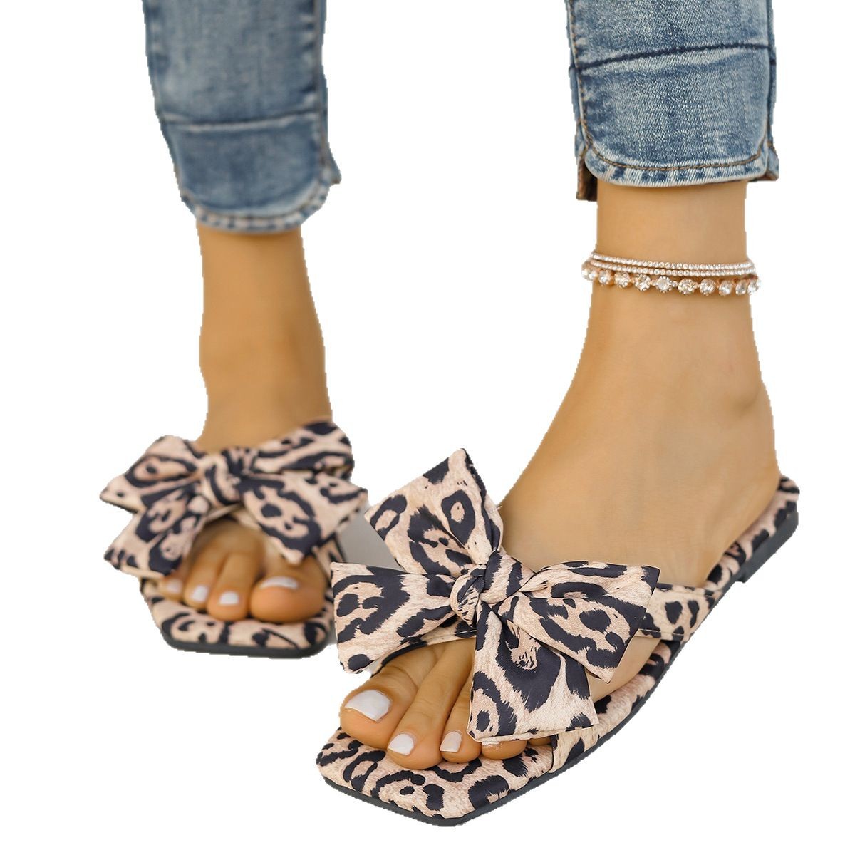 Women's Bow Leopard Print Square Toe Sandals foto 4