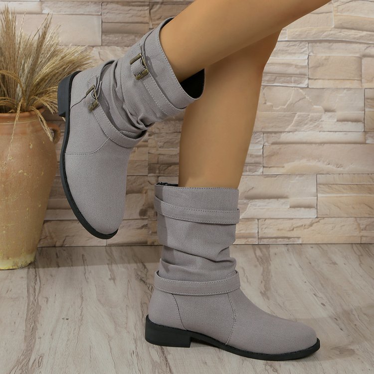 Square Heel Round Toe Women's Denim Leather Boots foto 2