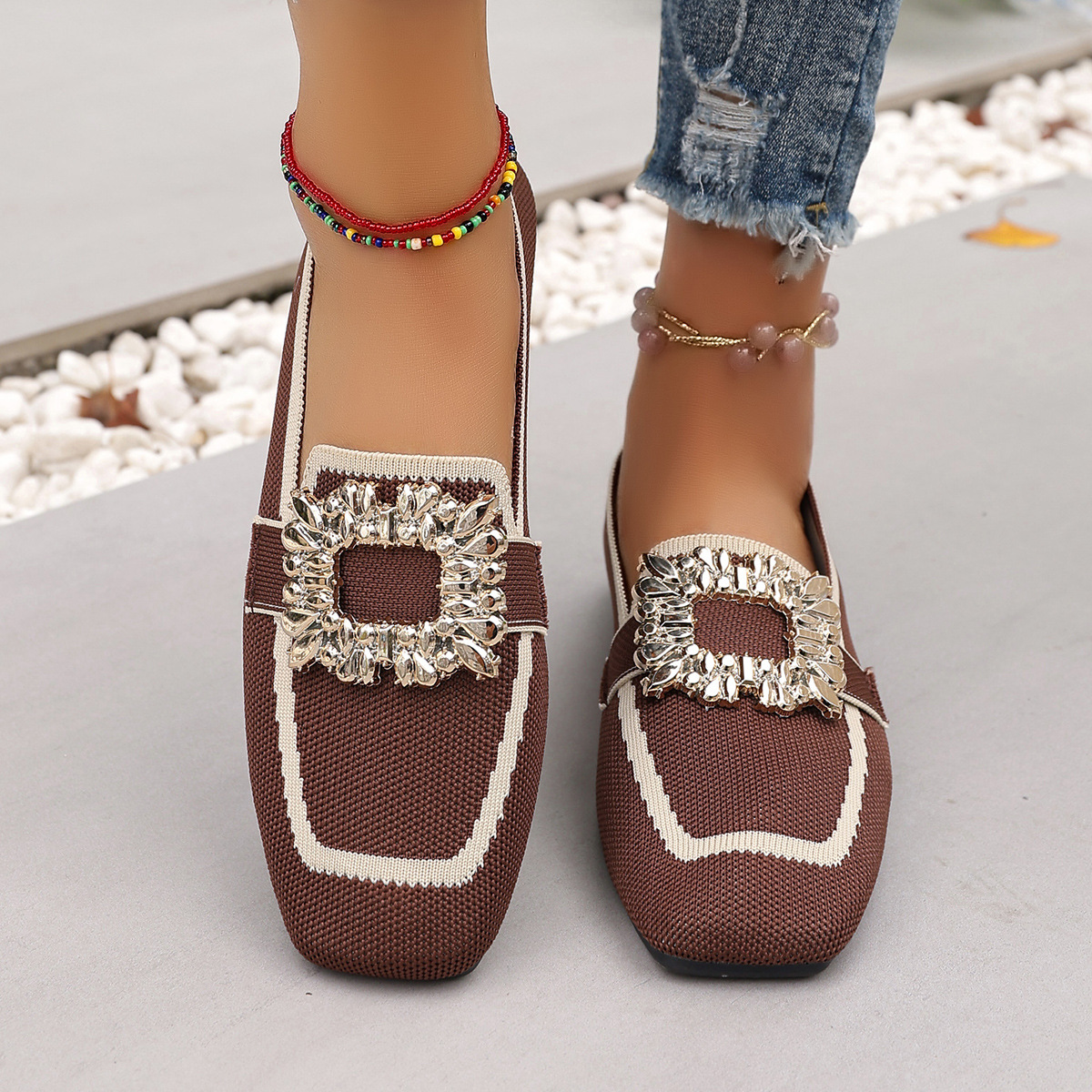 Flyknit Slip-on Square Toe Rhinestone Breathable Plus Size Women's Flat Shoes foto 3