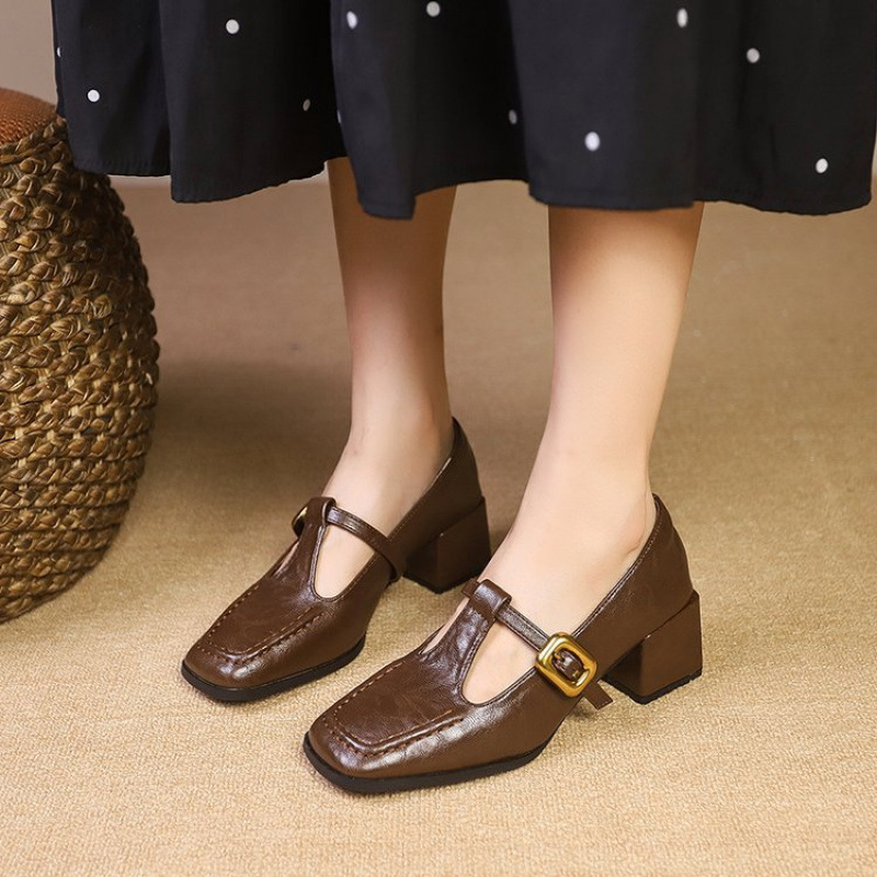 Retro Brown Designer Niche Mid-heel Chunky-heel Women's Shoes foto 5