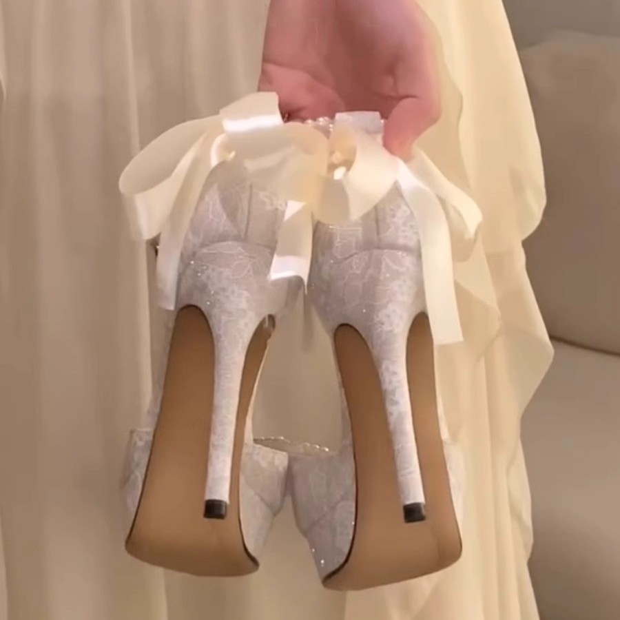 High Heels Pearl Bow Silver Hollowed Sandals foto 3